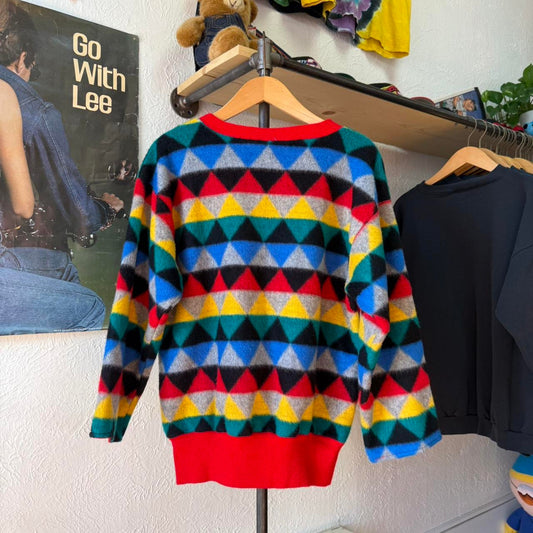 Vintage 70s Triangle Patterned Color Striping Pocketed Crewneck - Medium
