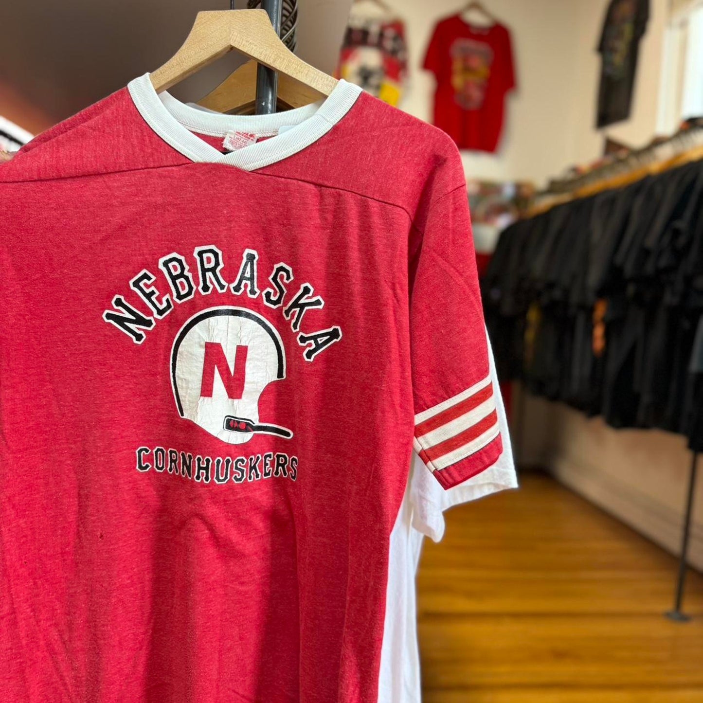 Vintage 80s Nebraska Huskers Helmet Striped Sleeve T-Shirt