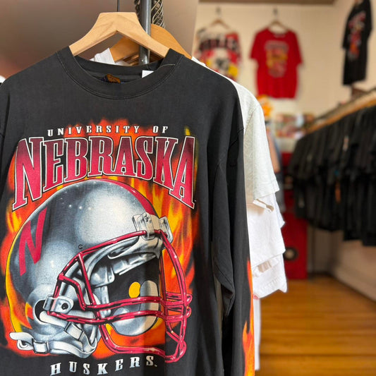 Vintage 90s Nebraska Huskers Flame Sleeve Flaming Helmet Football T-Shirt
