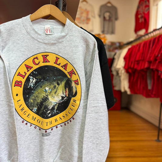 Vintage 90s Black Lake Fish Fishing Big Mouth Bass Crewneck