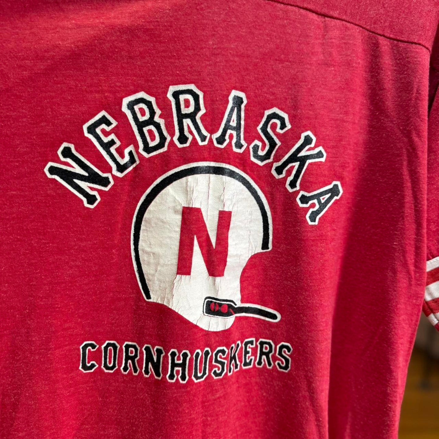 Vintage 80s Nebraska Huskers Helmet Striped Sleeve T-Shirt