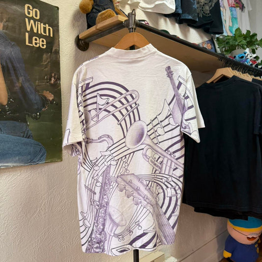 Vintage 80s Musical Instrument Trumpet Trombone AOP T-Shirt - Medium