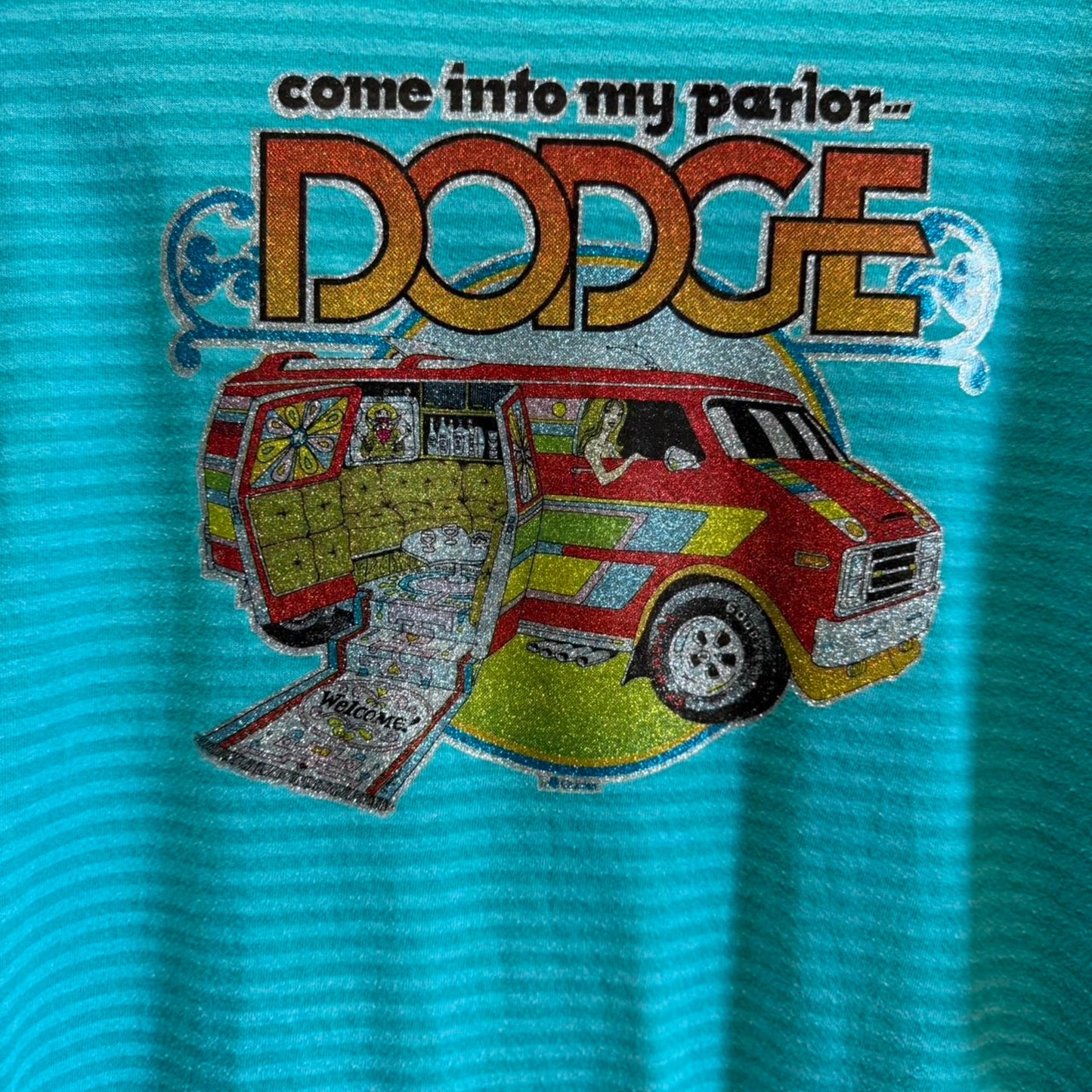 Vintage Dodge Van Striped Glitter Print T-Shirt