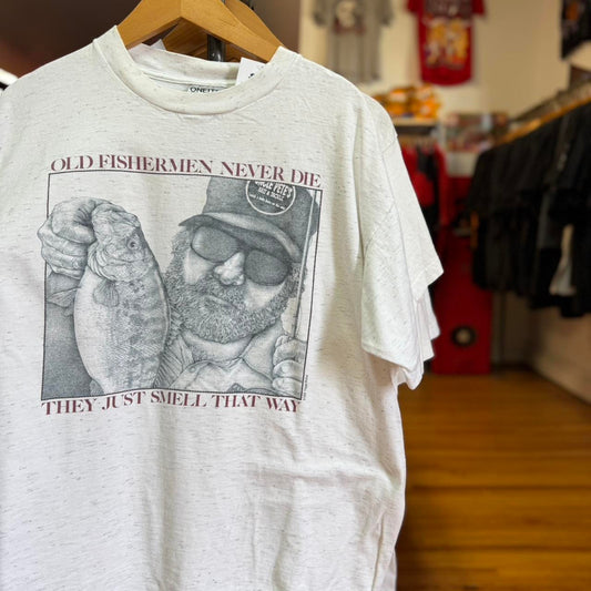 Vintage 90s Old Fisherman Never Die Fishing Fish T-Shirt