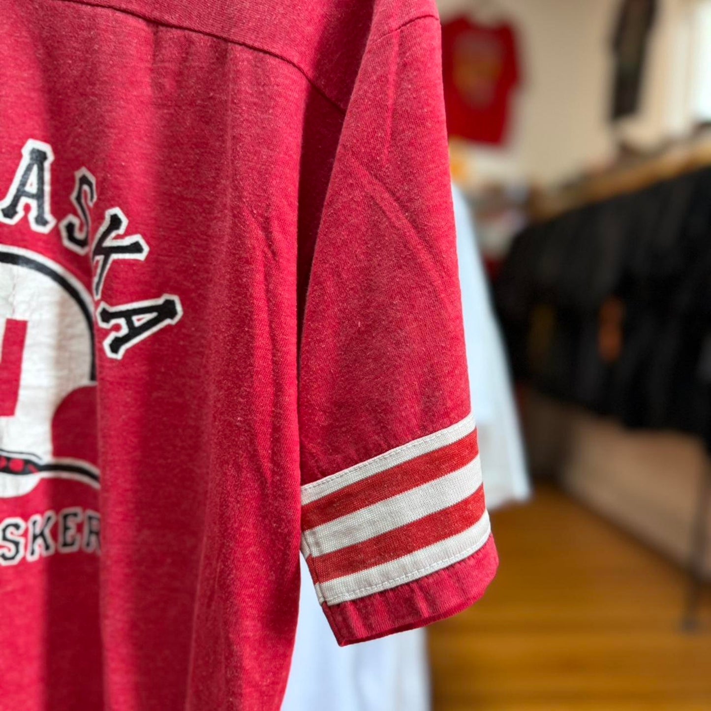 Vintage 80s Nebraska Huskers Helmet Striped Sleeve T-Shirt