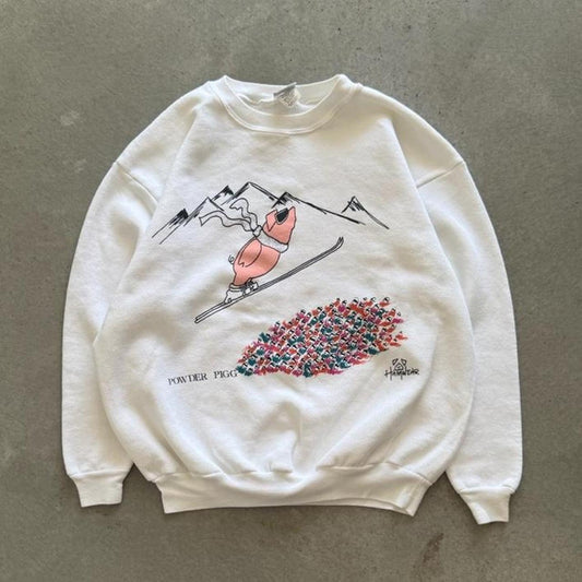 Vintage 90s Skiing Pig Animal Cartoon Crewneck - Large