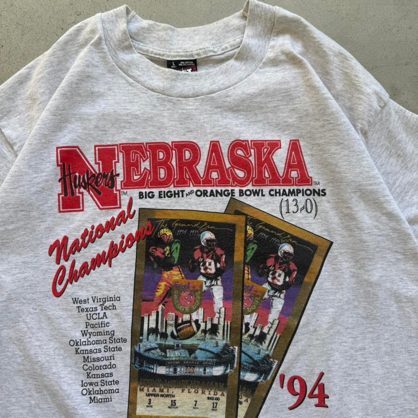 Vintage 1994 Nebraska Huskers National Champions Ticket Stub T-Shirt - Large
