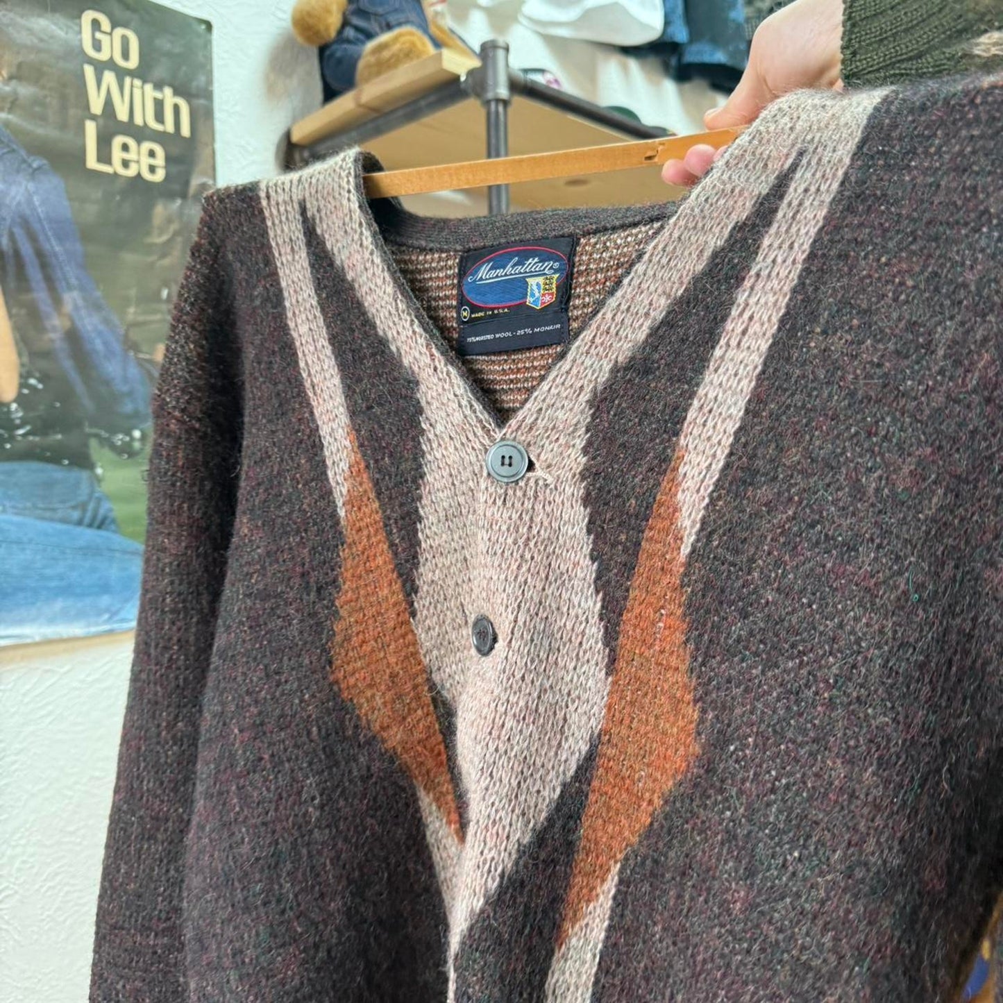 Vintage 1960s Mohair Manhattan Patterned Cardigan - Medium