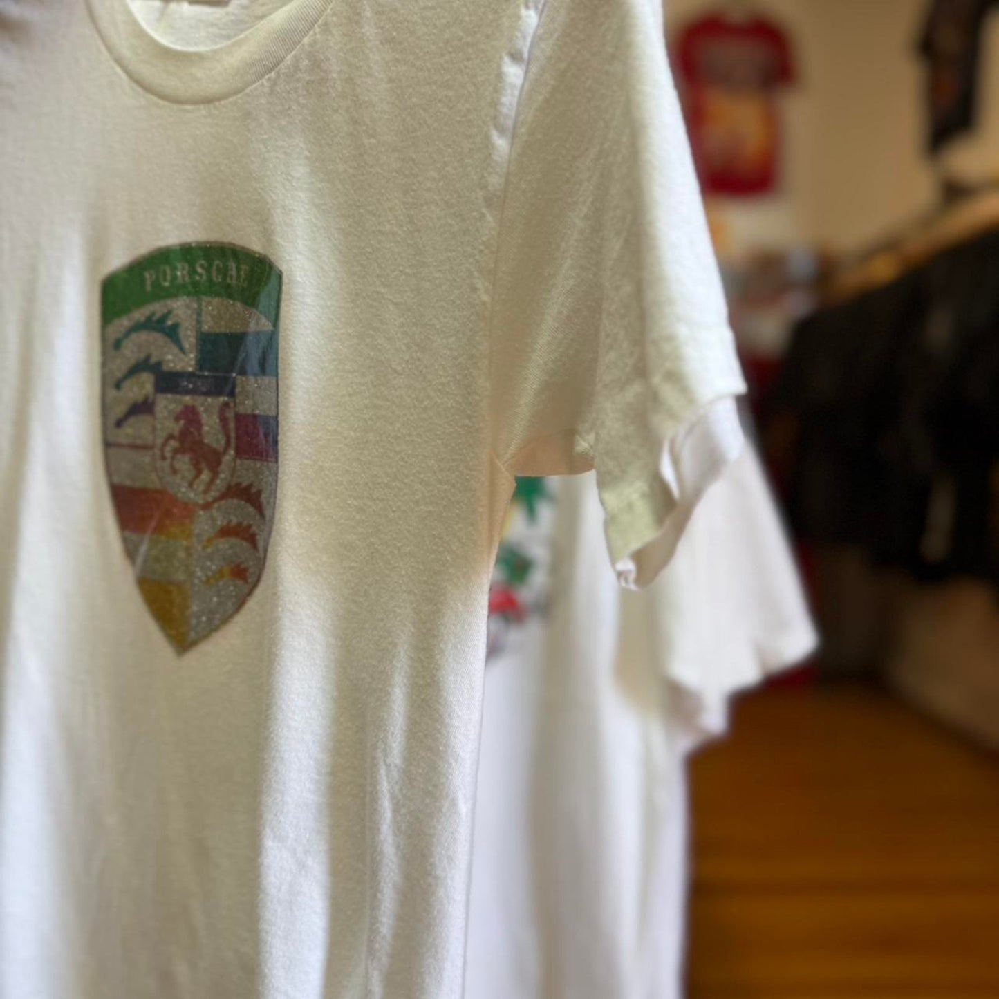 Vintage Porsche Glitter Rainbow Logo T-Shirt - Small (W)