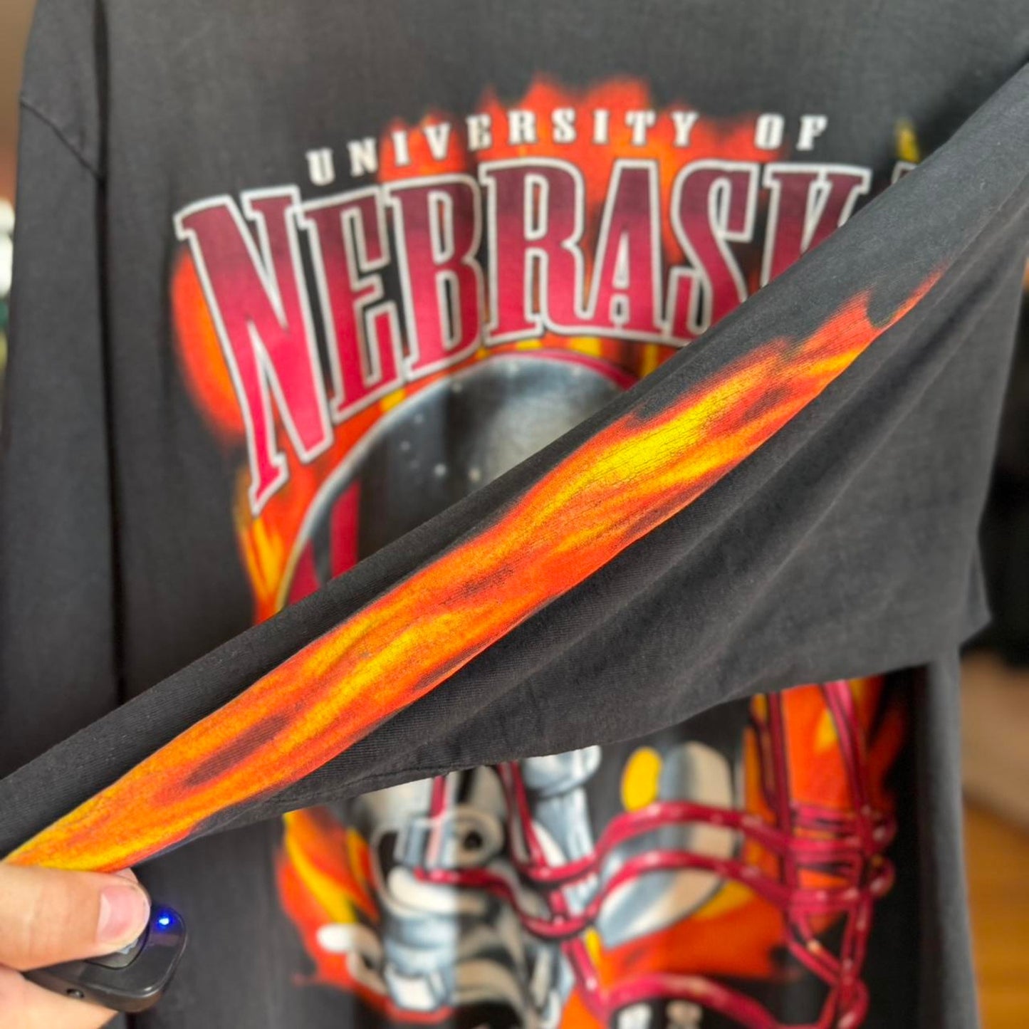 Vintage 90s Nebraska Huskers Flame Sleeve Flaming Helmet Football T-Shirt