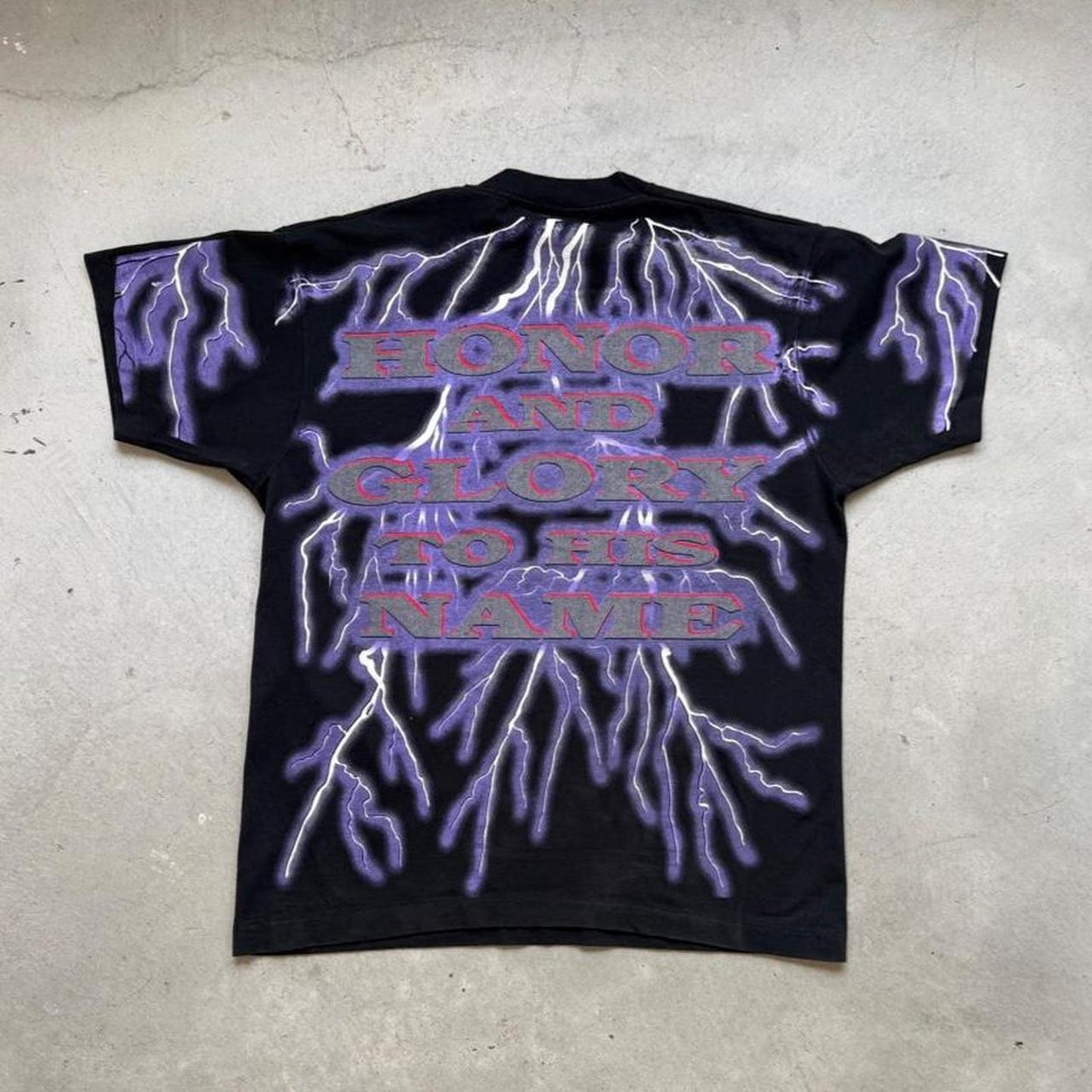 Vintage 90s Great God Lightning AOP Jesus T-Shirt - Large