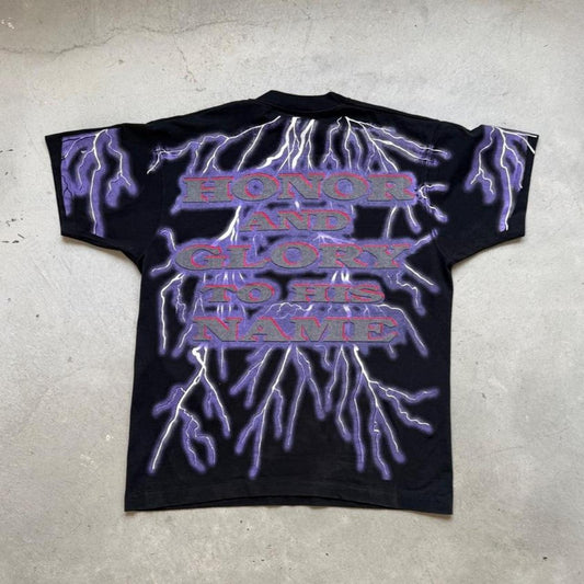 Vintage 90s Great God Lightning AOP Jesus T-Shirt - Large