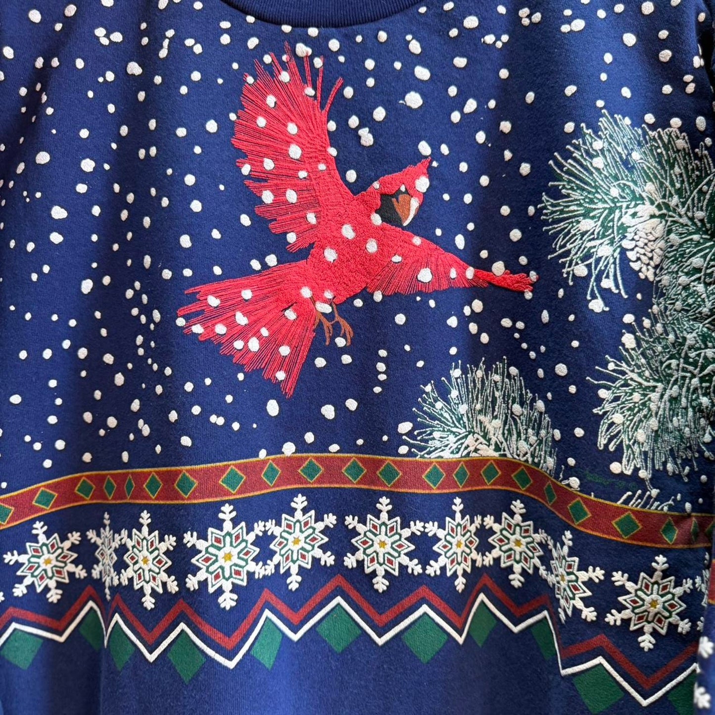 Vintage 90s Cardinal Snow Winter All Over Print Crewneck - Medium