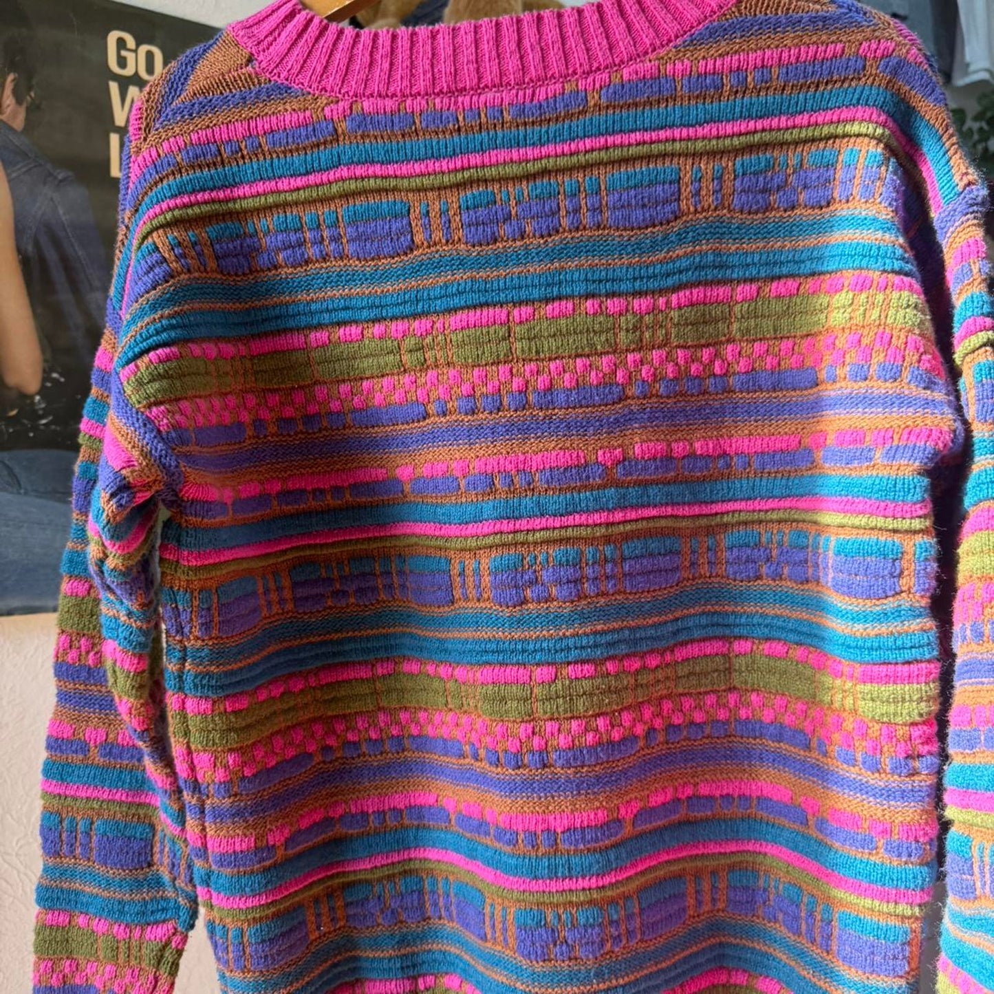 Vintage 90s Patterned Striped Knit Sweater - Medium