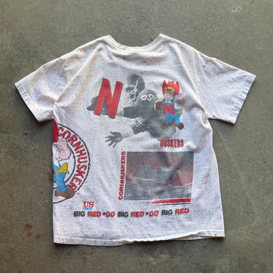 Vintage 90s Nebraska Cornhuskers Football All Over Print T-Shirt - Medium