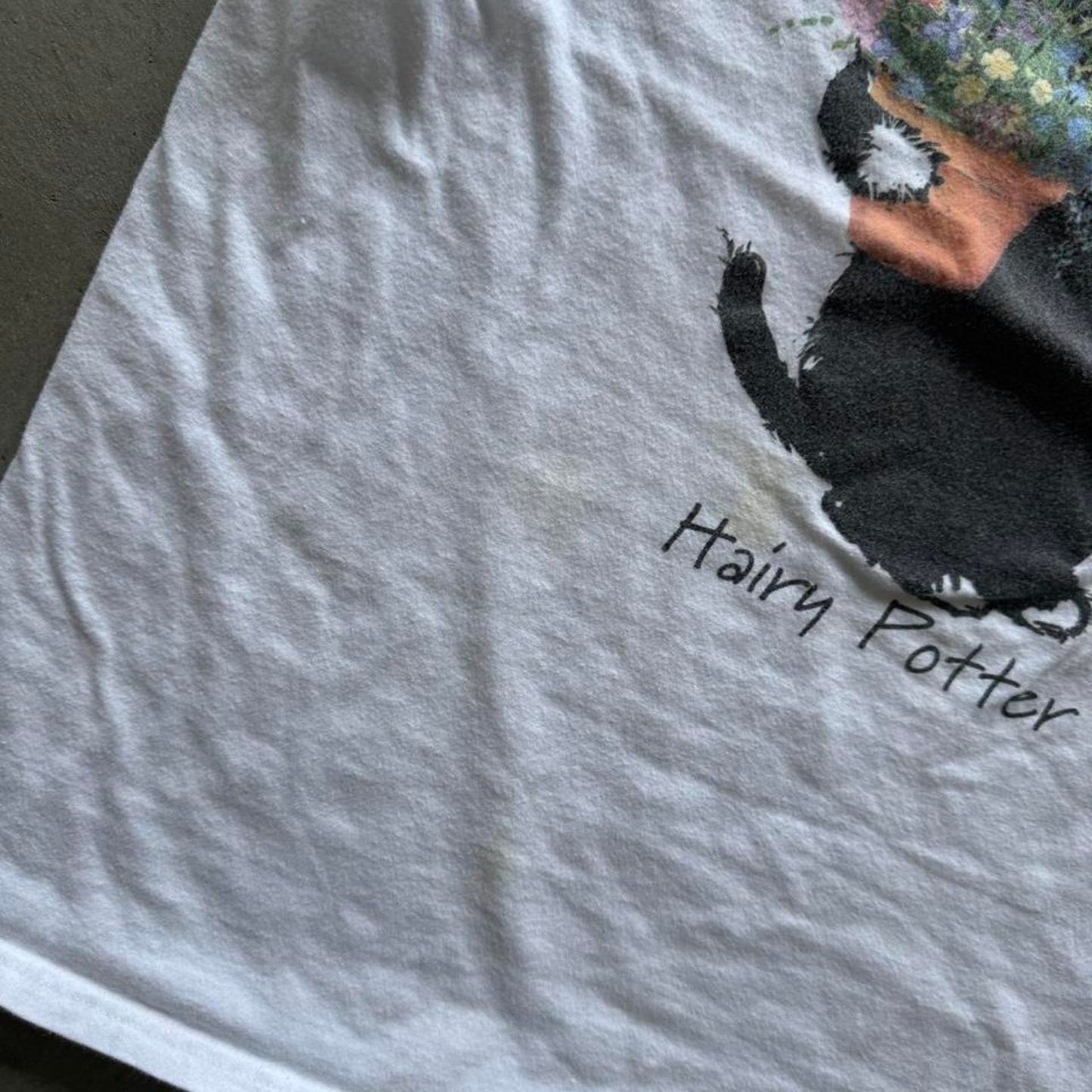 Vintage 90s Hairy Potter Cat Flower Humor Animal T-Shirt - X-Large