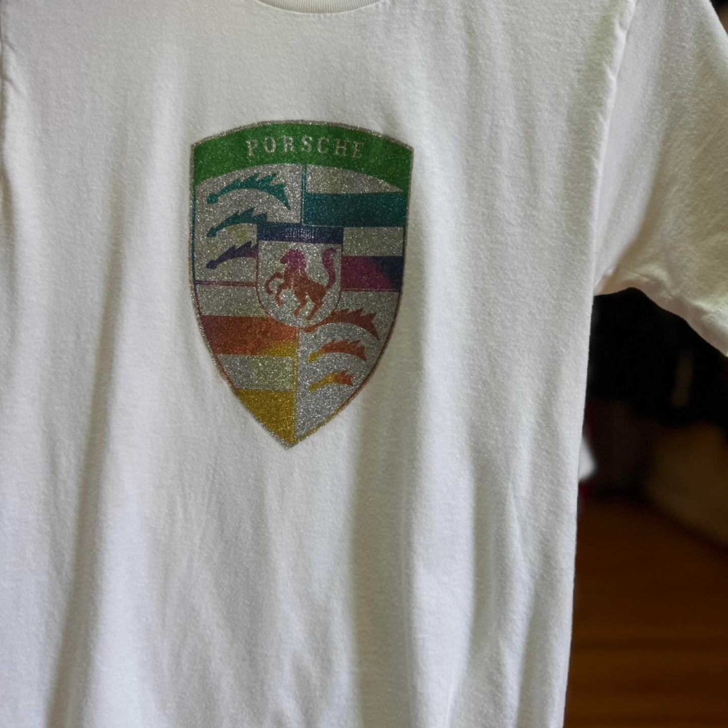 Vintage Porsche Glitter Rainbow Logo T-Shirt - Small (W)