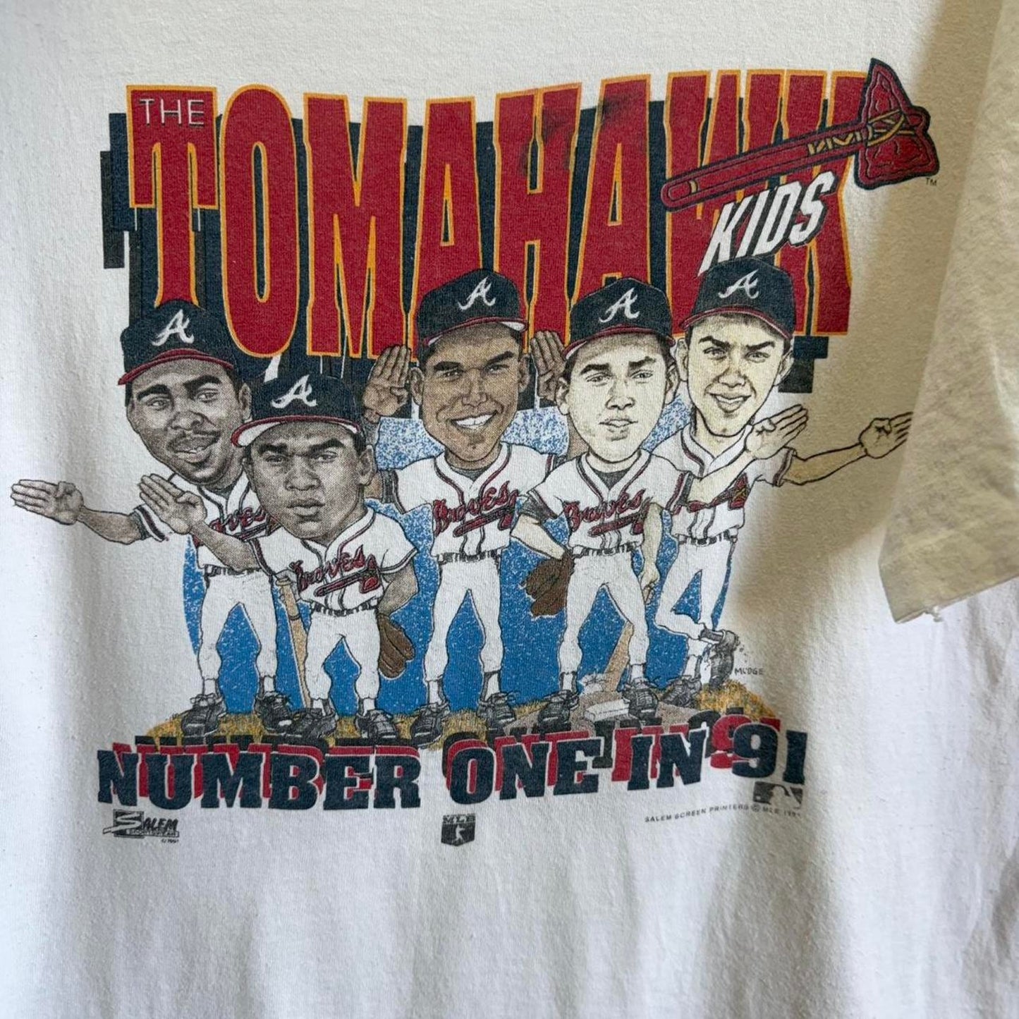 Vintage 90s Atlanta Braves Tomahawk Kids MLB Baseball T-Shirt