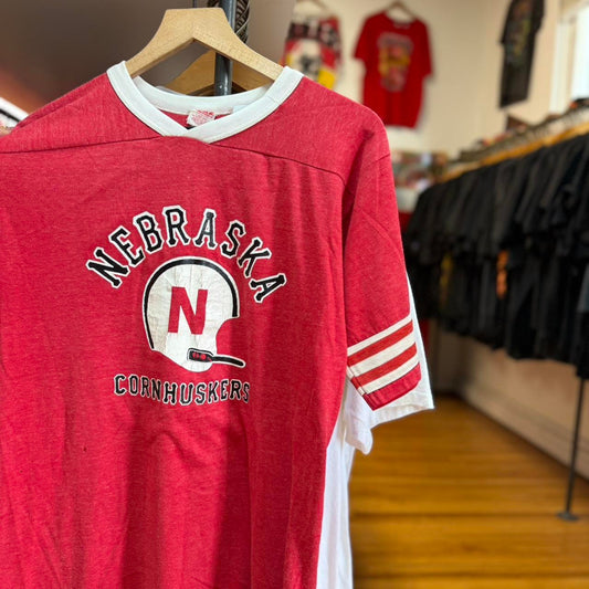 Vintage 80s Nebraska Huskers Helmet Striped Sleeve T-Shirt