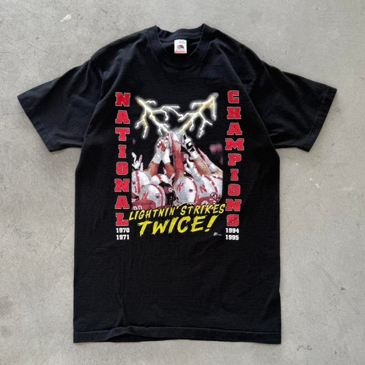 Vintage 1995 Nebraska Huskers Lightning Strikes Twice Champions T-Shirt - Large