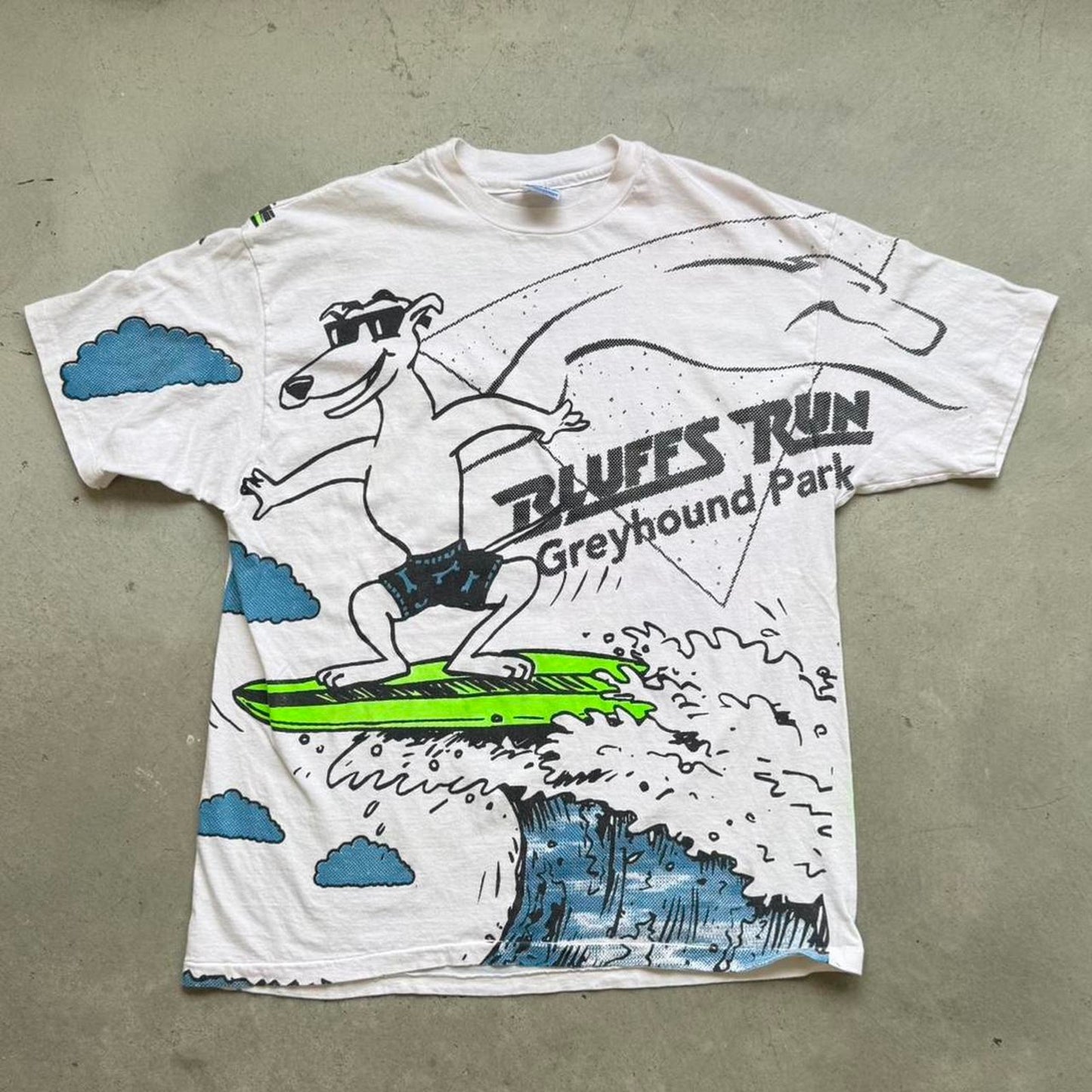 Vintage 90s Bluffs Run Greyhound Park Surfing AOP T-Shirt - X-Large