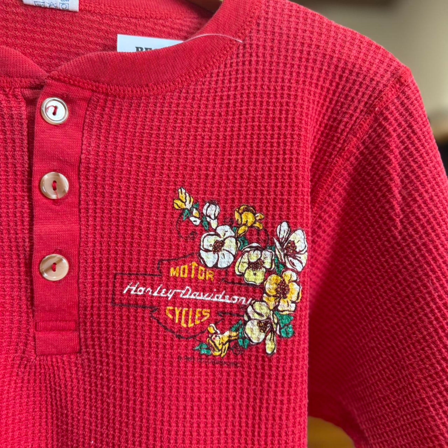 Vintage 80s Harley Davidson Motorcycles Biker Flower Floral Thermal Shirt