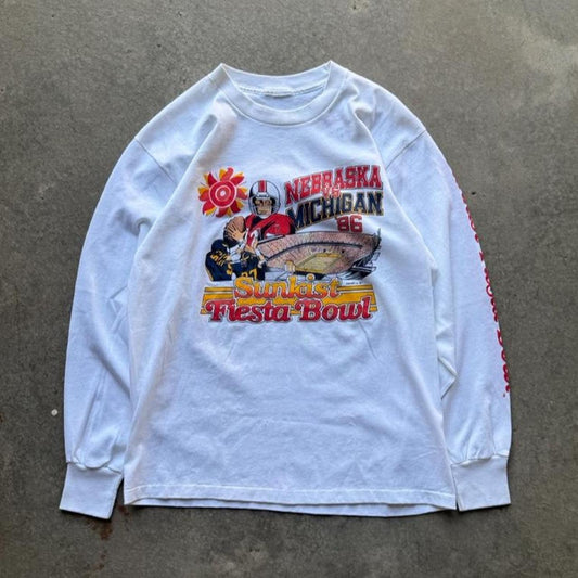Vintage 80s Nebraska Huskers Vs Michigan Fiesta Bowl Longsleeve T-Shirt - Medium
