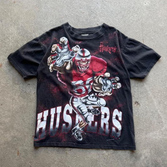 Vintage 90s Nebraska Husker Player All Over Print T-Shirt - Large