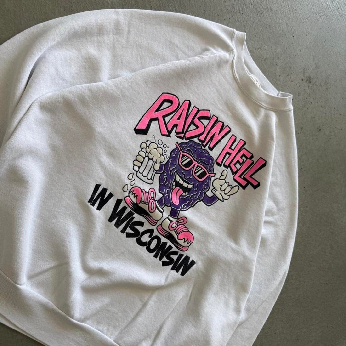 Vintage 80s Raisin Hell in Wisconsin Drinking Alcohol Crewneck - X-Large