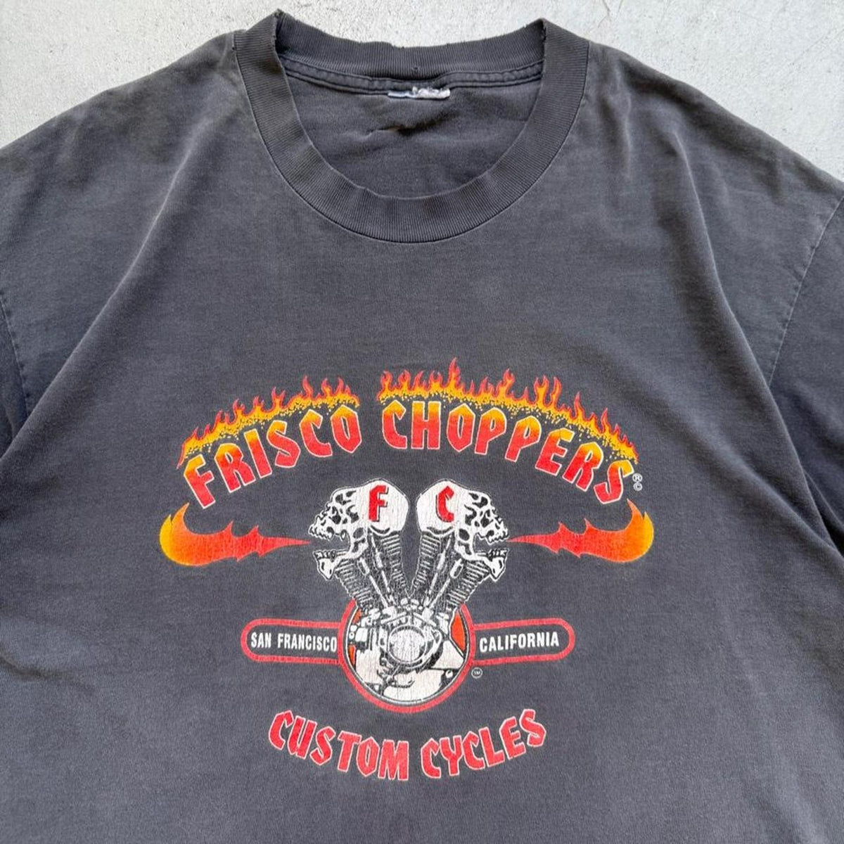 Vintage 90s Faded Frisco Choppers Custom Cycles Flame Biker T-Shirt - X-Large