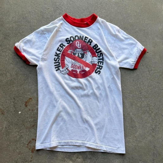 Vintage 80s Nebraska Huskers Sooner Busters Ringer T-Shirt - Large