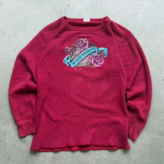 Vintage 80s 3D Emblem Harley Davidson Rose Thermal Shirt - X-Large