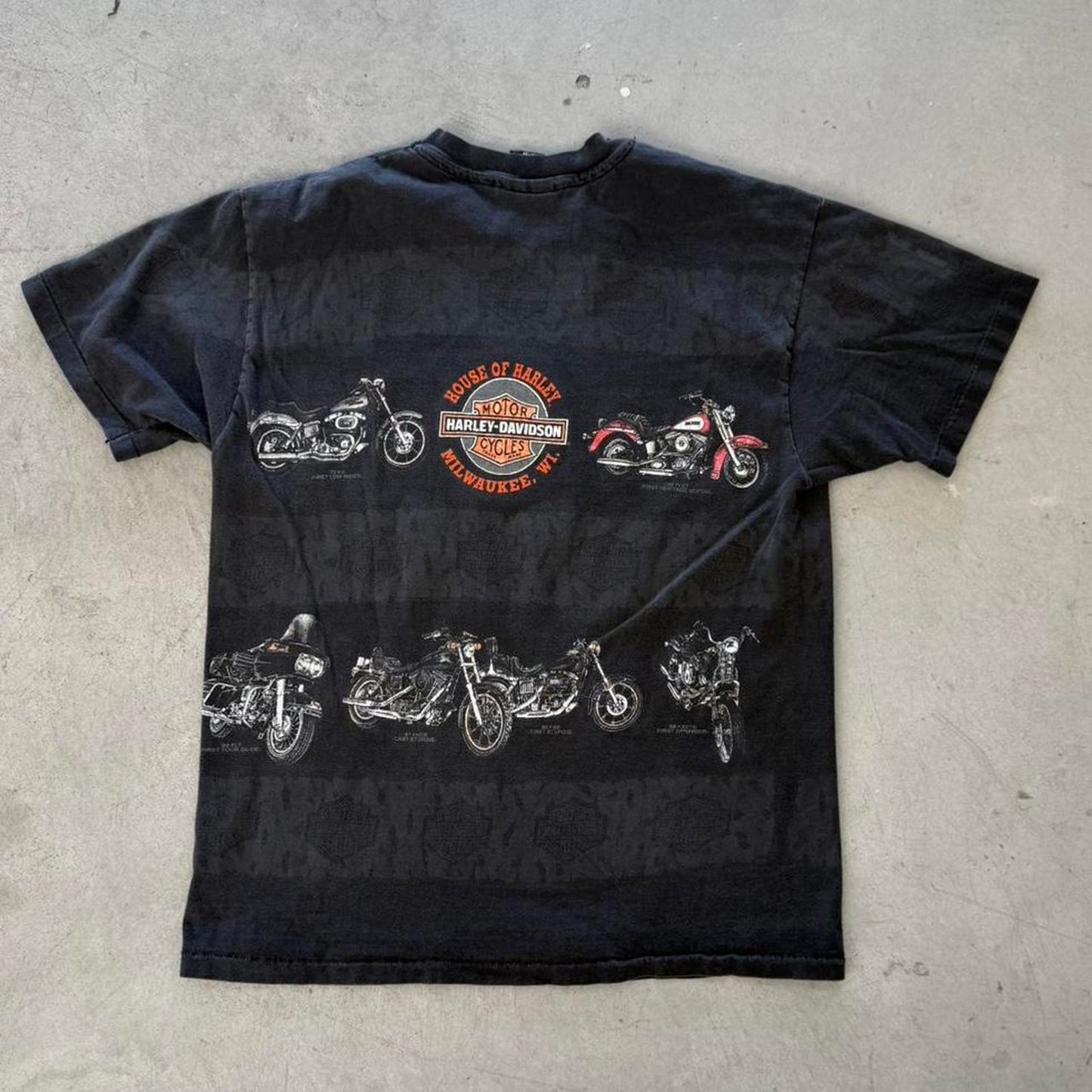 Vintage 90s Harley Davidson Motorcycles All Over Print Biker T-Shirt - Large