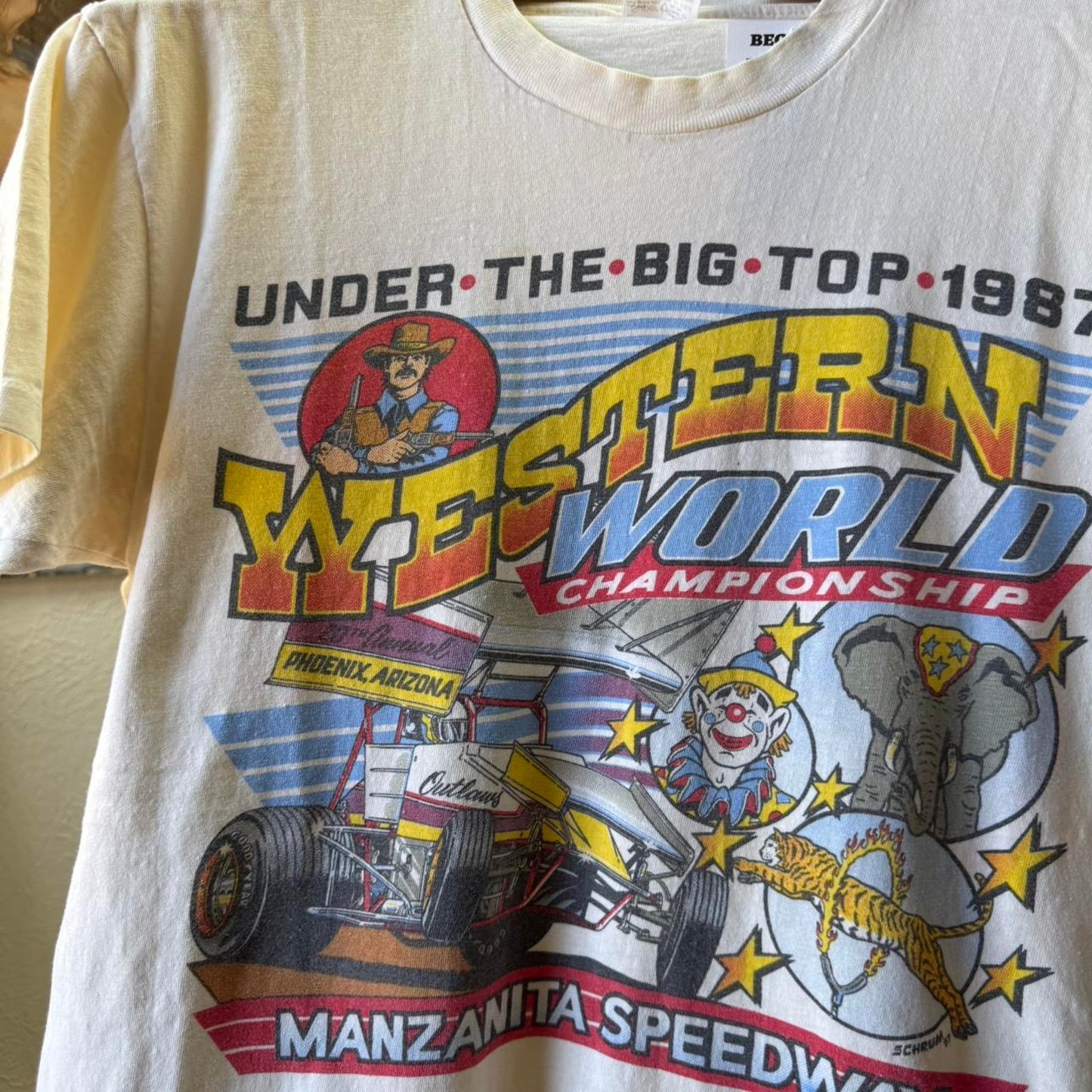 Vintage 80s Under the Big Too Circus Racing Race Car T-Shirt - Large