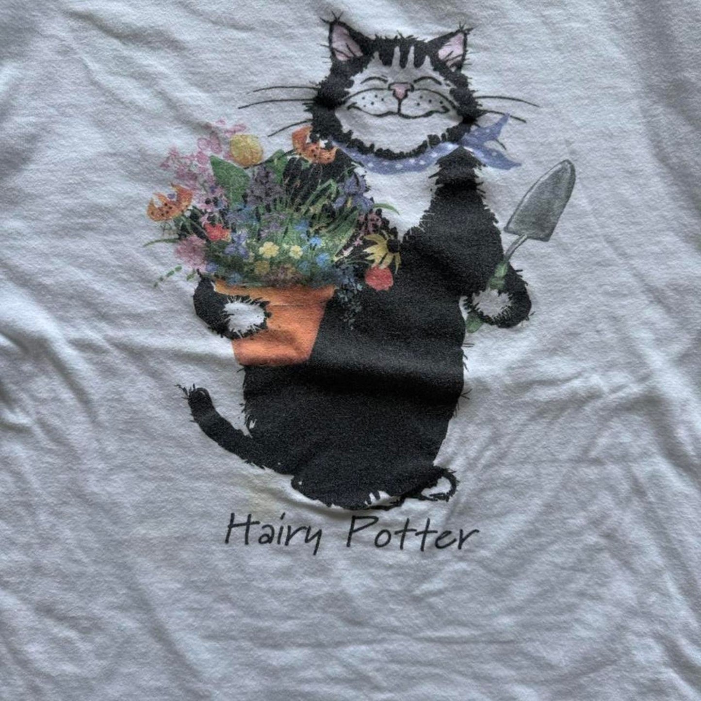 Vintage 90s Hairy Potter Cat Flower Humor Animal T-Shirt - X-Large