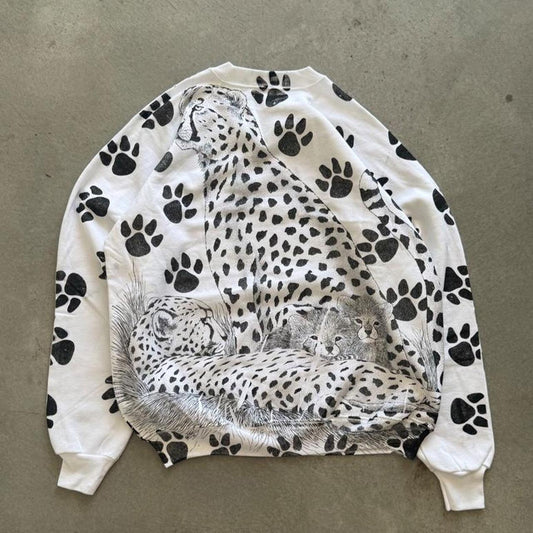 Vintage 90s Cheetah Animal All Over Print Nature Crewneck - Large