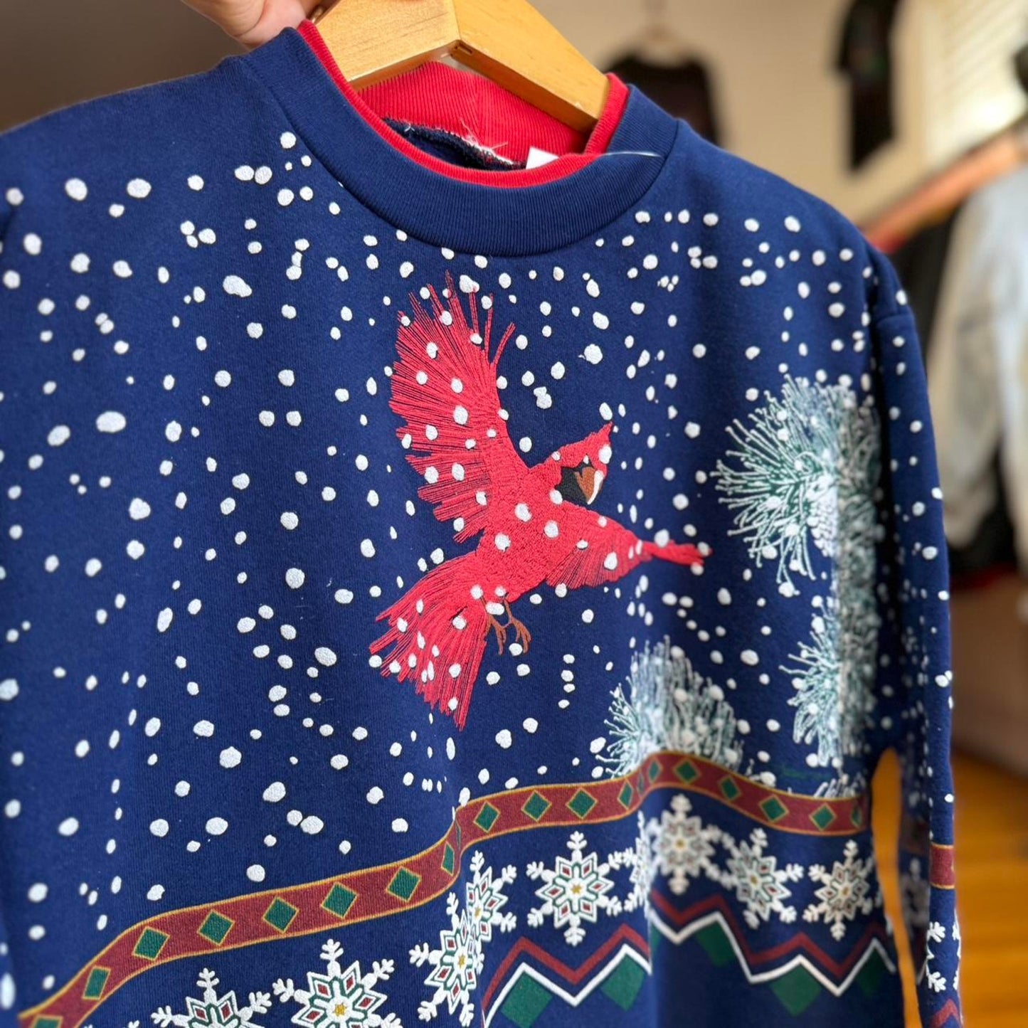 Vintage 90s Cardinal Snow Winter All Over Print Crewneck - Medium
