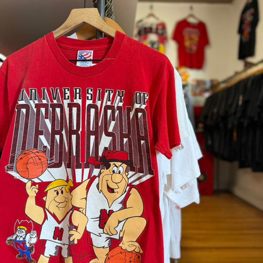 Vintage 90s Nebraska Husker Flintstones Basketball Cartoon T-Shirt
