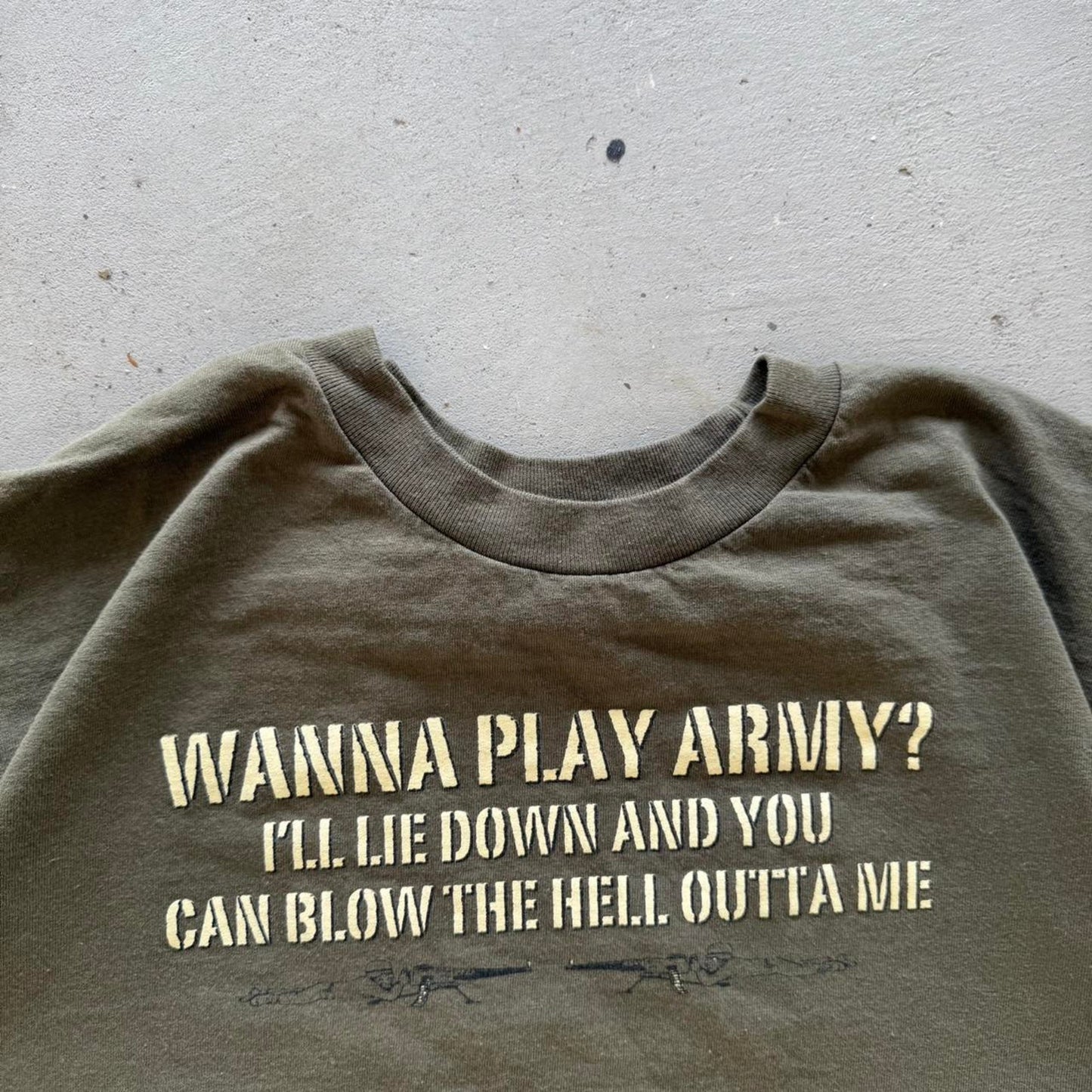 Vintage Wanna Play Army Blow Me Text T-Shirt - Large
