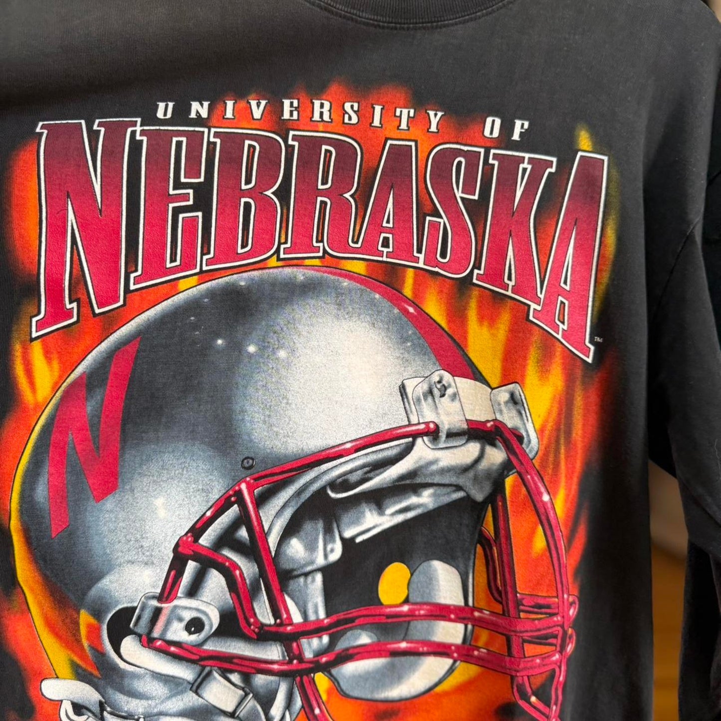 Vintage 90s Nebraska Huskers Flame Sleeve Flaming Helmet Football T-Shirt