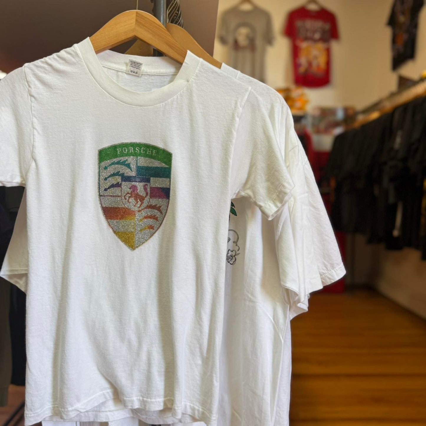 Vintage Porsche Glitter Rainbow Logo T-Shirt - Small (W)