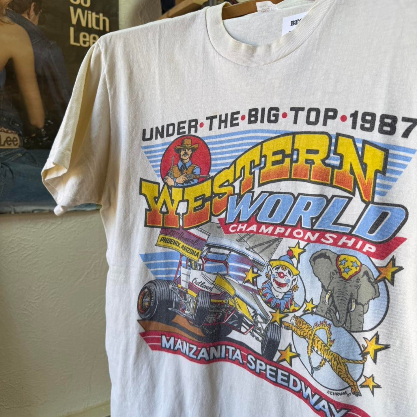Vintage 80s Under the Big Too Circus Racing Race Car T-Shirt - Large