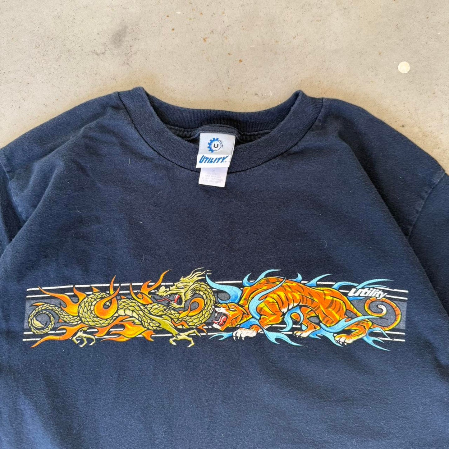 Vintage 90s Utility Tiger Dragon Fire Flame Skate T-Shirt