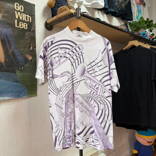 Vintage 80s Musical Instrument Trumpet Trombone AOP T-Shirt - Medium