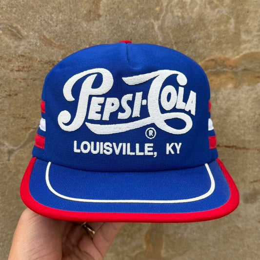 Vintage 80s Pepsi Cola Louisville Kentucky Three Stripe Trucker Cap