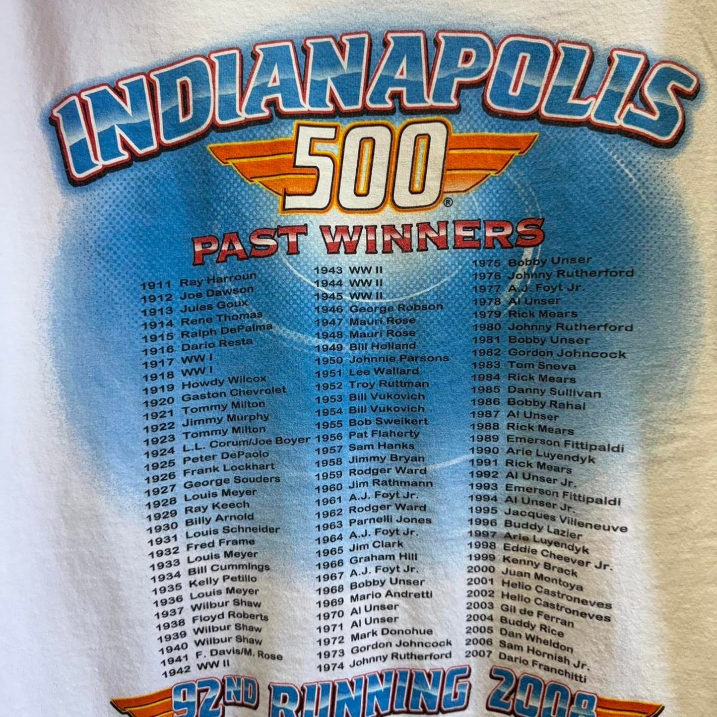 Vintage 2008 Indianapolis 500 Racing Racecar T-Shirt - Large