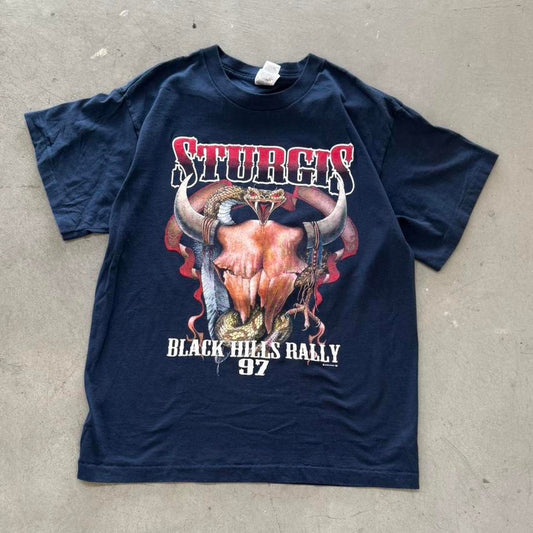Vintage 1997 Sturgis Black Hills Rally Cow Skull Biker T-Shirt - Large