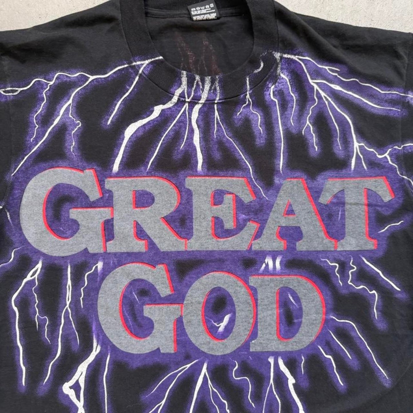 Vintage 90s Great God Lightning AOP Jesus T-Shirt - Large