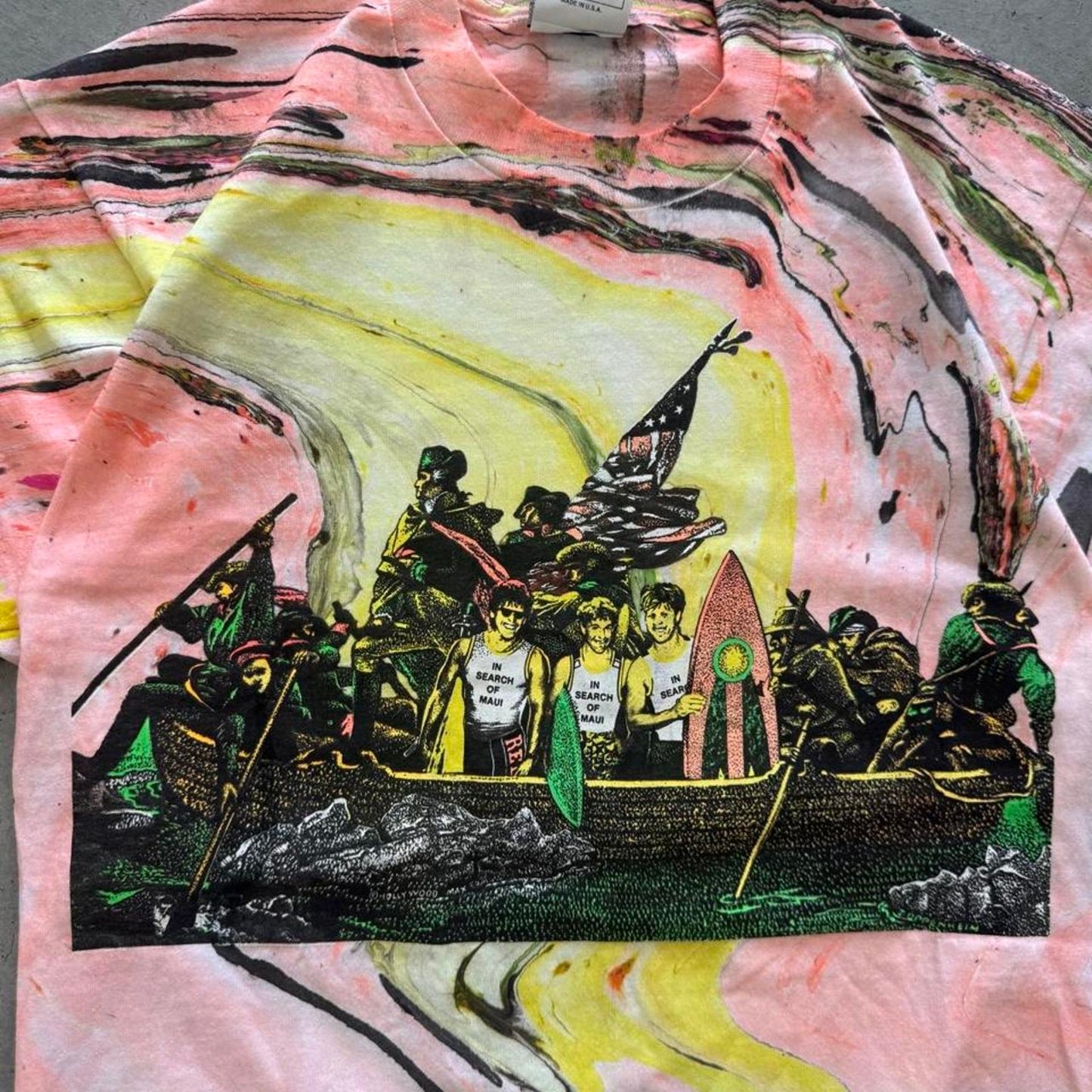 Vintage 90s Surfing Crossing the Delaware Parody Marble Dye T-Shirt - Medium
