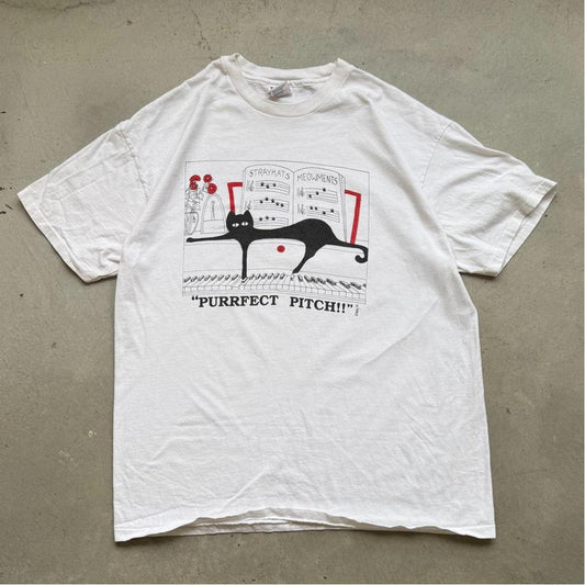 Vintage 90s Purrfect Pitch Cat Cartoon Humor T-Shirt - X-Large